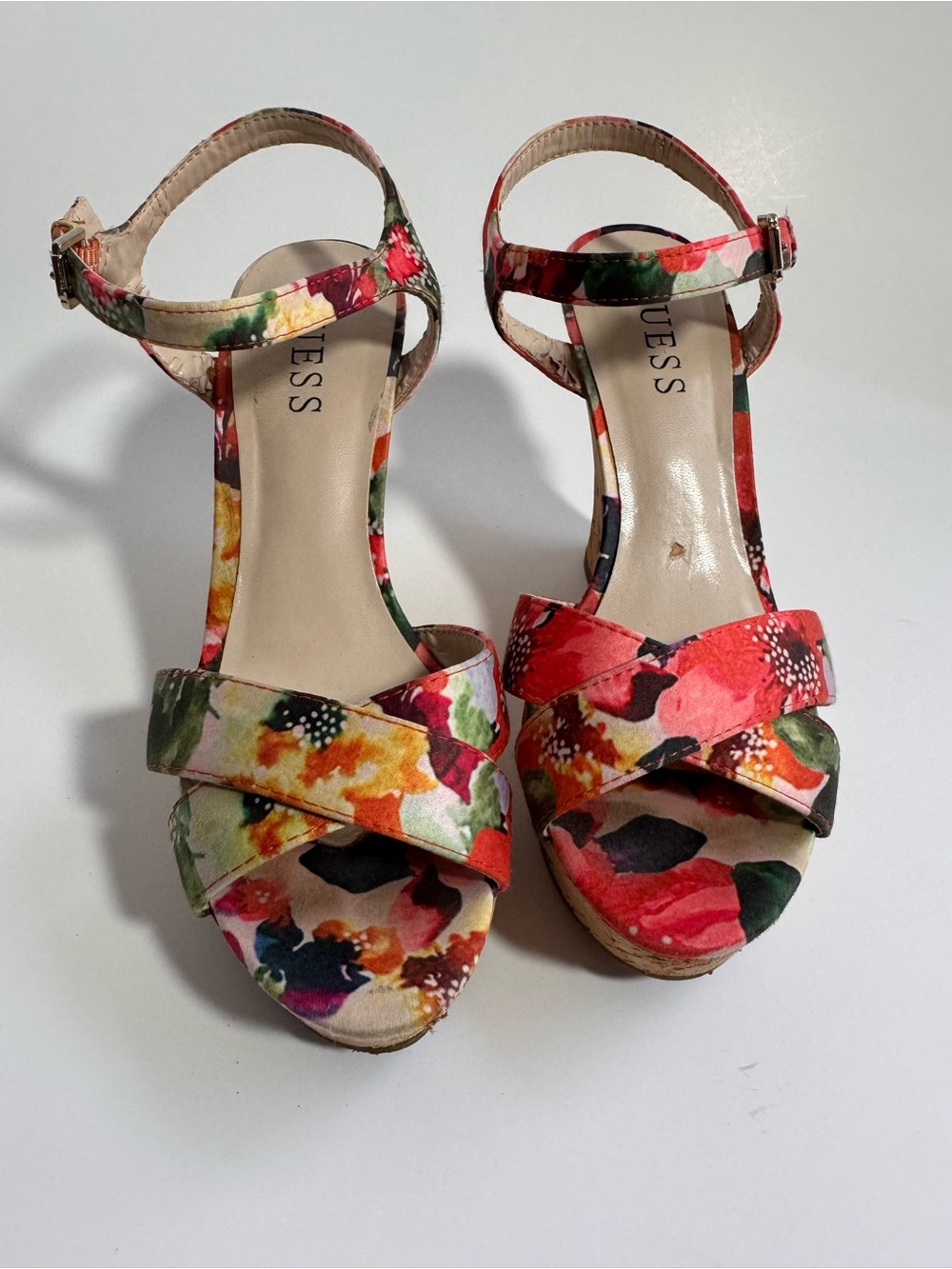 GUESS Floral Print Ankle-Strap Platform Heels - Red, Green, Yellow